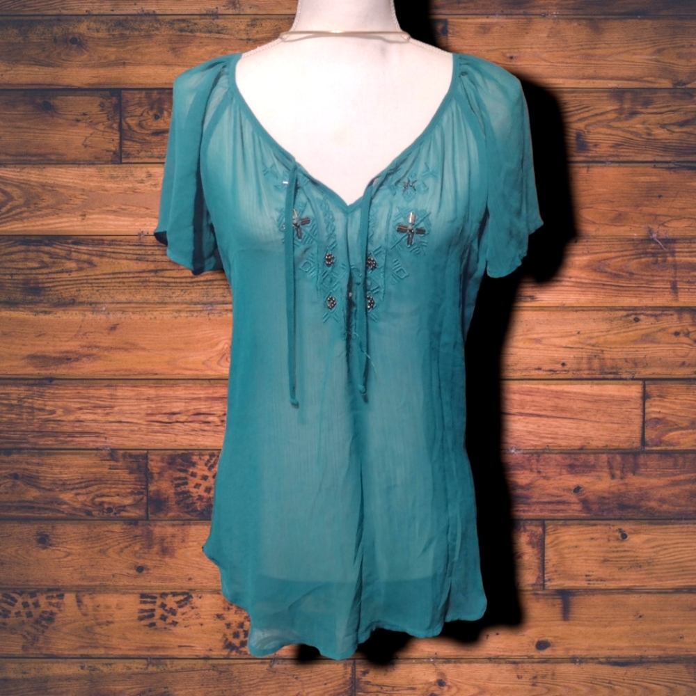 Sheer Teal Green Maurices Peasant Blouse